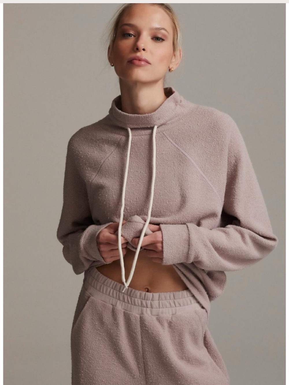 Varley Maceo Textured Cotton Knit Tie Mockneck Pullover Top Dusty Mauve Pink L